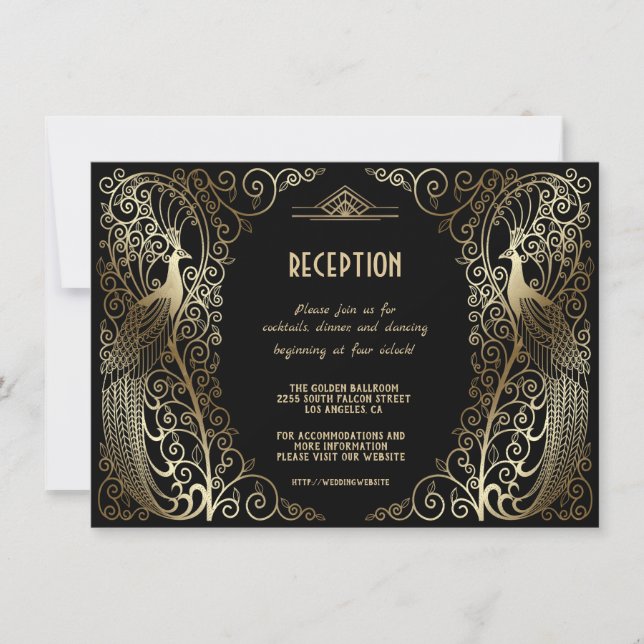 Invitation Réception de mariage Glam Gold Art Déco Paons (Devant)