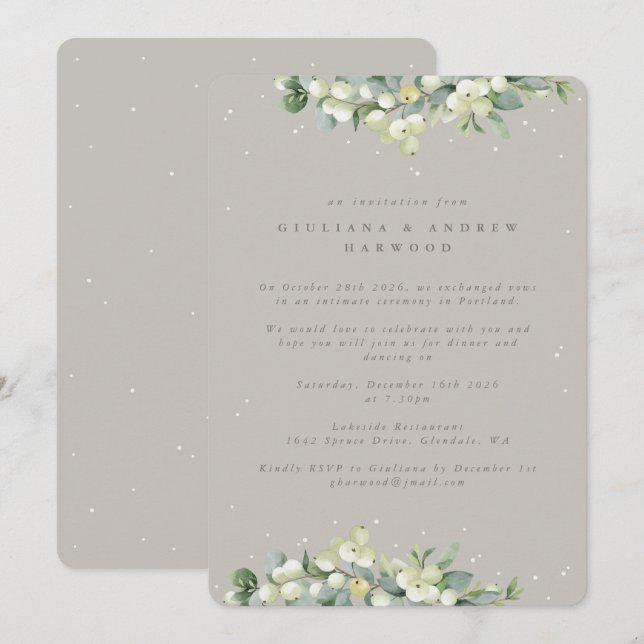 Invitation Réception de mariage Greige Snowberry+Eucalyptus (Devant / Derrière)