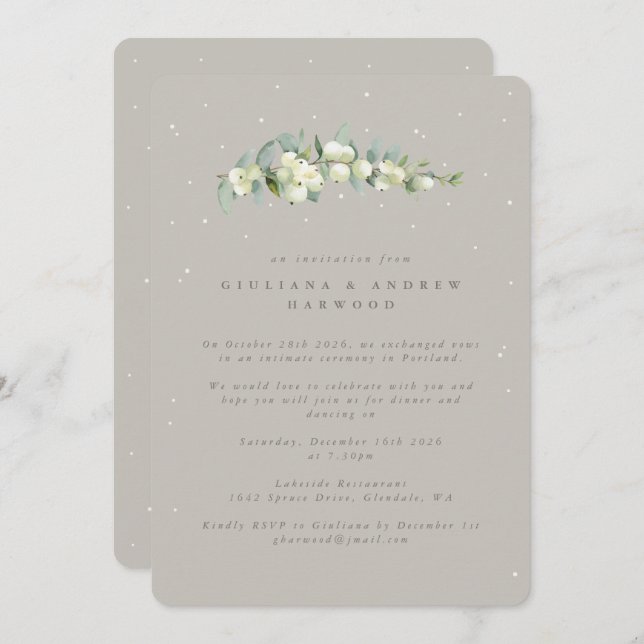 Invitation Réception de mariage Greige Snowberry+Eucalyptus (Devant / Derrière)