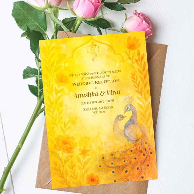 Invitation Réception de mariage hindou indien Peacock Floral (Créateur téléchargé)