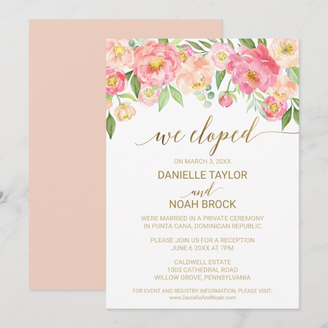 Invitation Réception de mariage intime avec fleurs de pivoine (Devant / Derrière)