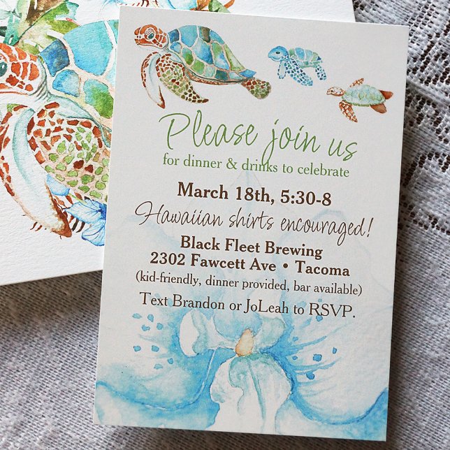 Invitation Réception de mariage intime Orchidée bleue et tort (Watercolor Blue and Green Sea Turtle Reception Dinner Party, Beach Elopement After Party)