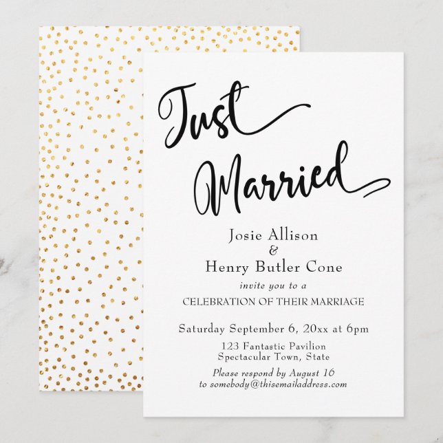 Invitation Réception de mariage, Juste mariés, Confettis doré (Devant / Derrière)