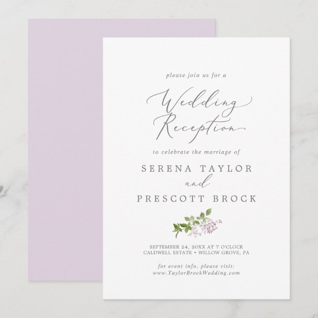 Invitation Réception de mariage lilas rustique (Devant / Derrière)