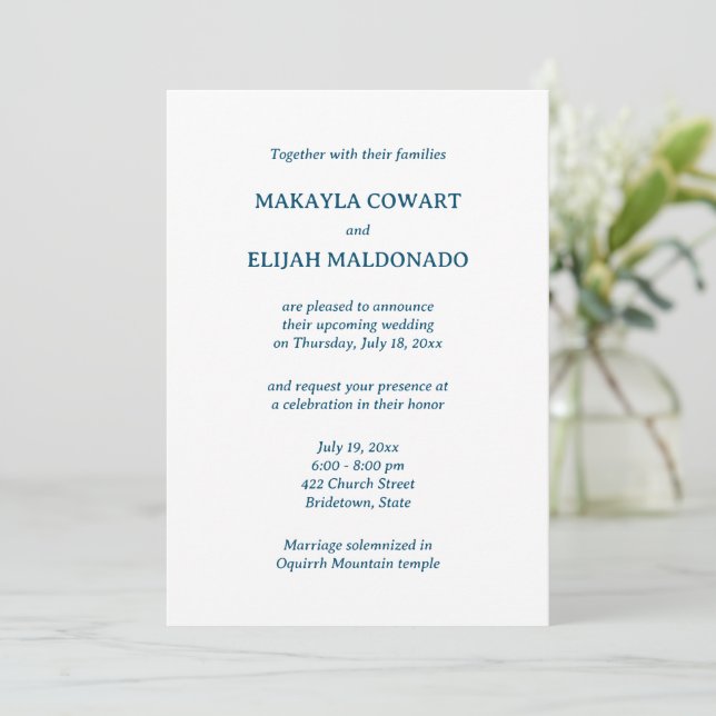 Invitation Réception de mariage minimaliste bleu espagnol-ang (Debout devant)