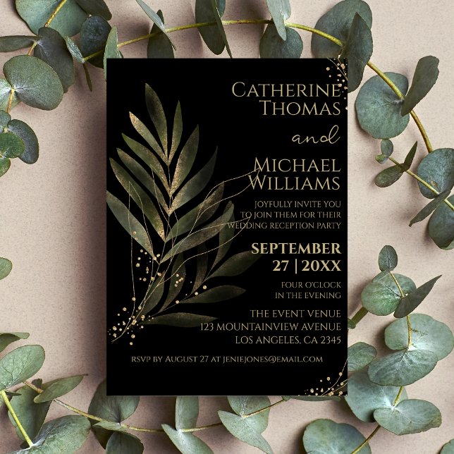 Invitation Réception de mariage moderne Black Gold Leaf (Créateur téléchargé)