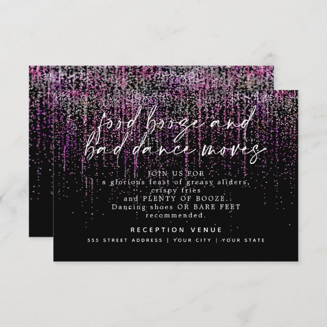 Invitation Réception de mariage moderne paillettes magenta (Devant / Derrière)