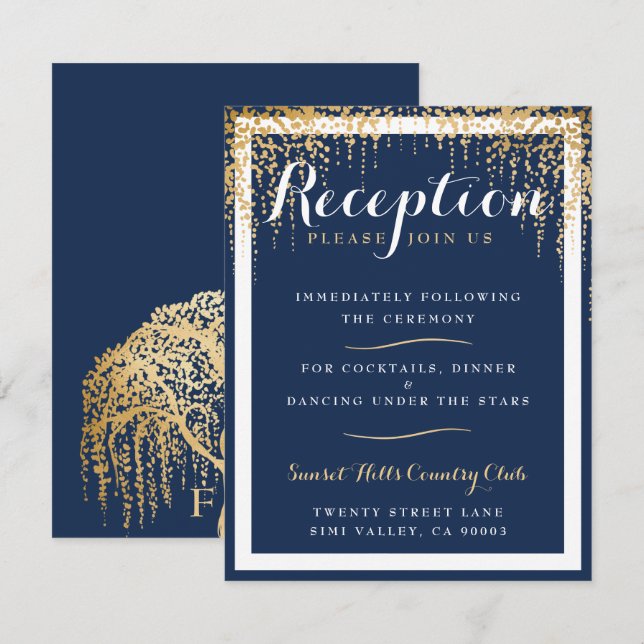 Invitation Réception de mariage moderne Willow Tree Blue Gold (Devant / Derrière)