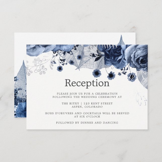 Invitation Réception de mariage Navy & Blanc avec motifs flor (Devant / Derrière)