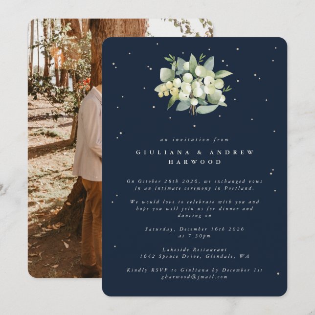 Invitation Réception de mariage Navy Snowberry+Eucalyptus Pho (Devant / Derrière)