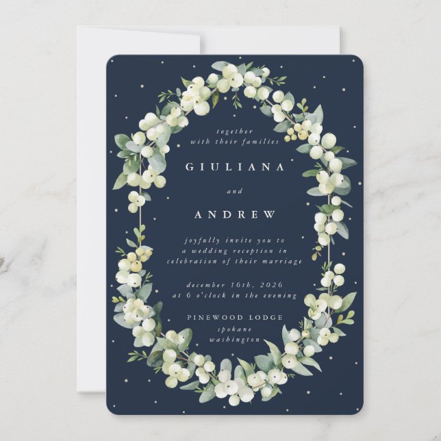 Invitation Réception de mariage Navy Snowberry+Eucalyptus uni (Devant)