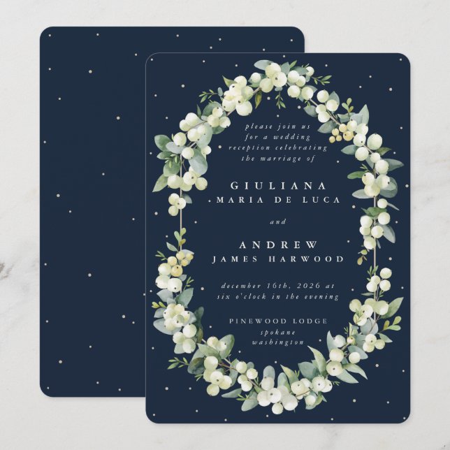 Invitation Réception de mariage Navy Snowberry+Eucalyptus uni (Devant / Derrière)