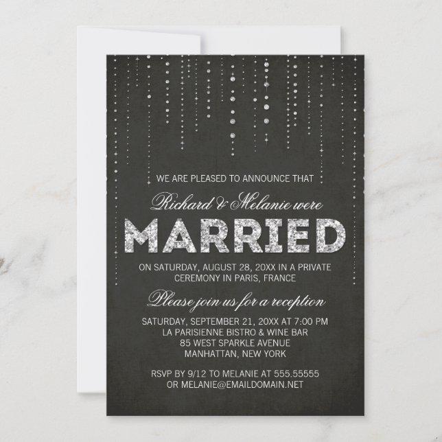 Invitation Réception de mariage noir et argent pailleté uniqu (Devant)
