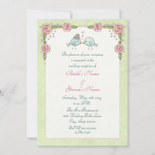 Invitation Réception de mariage Oiseaux bleus mignons et Rose
