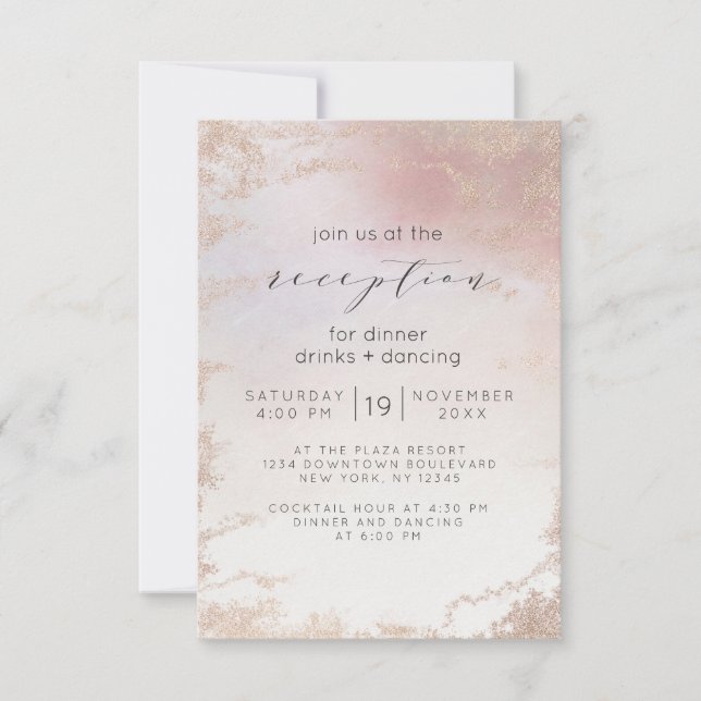 Invitation Réception de mariage ombré blush rose givré feuill (Devant)