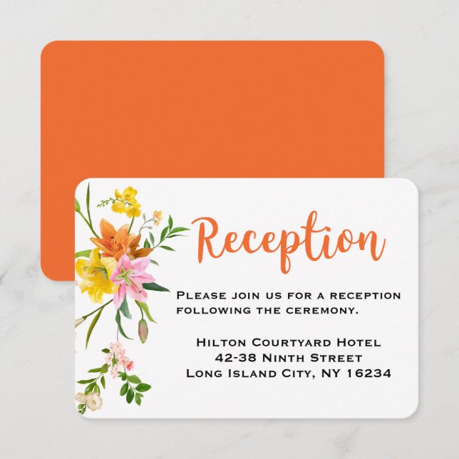 Invitation Réception de mariage orange floral Fleurs de lys r (Devant / Derrière)