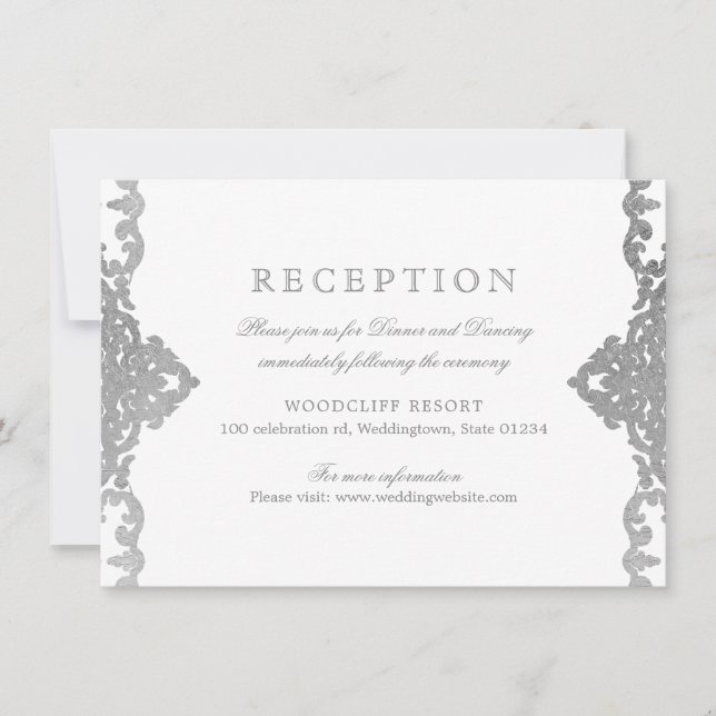 Invitation Réception de mariage ornée et élégante en argent (Devant)