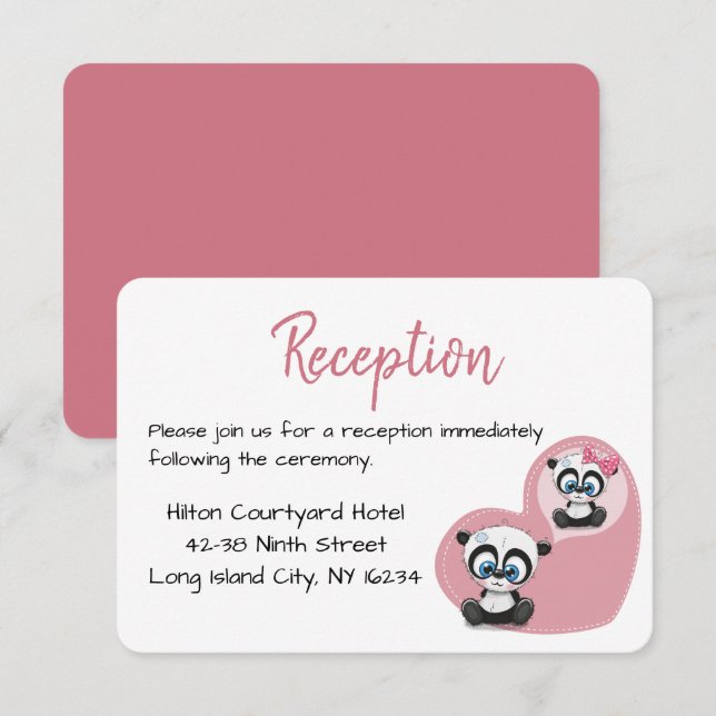 Invitation Réception de mariage Ourson panda rose cœur (Devant / Derrière)
