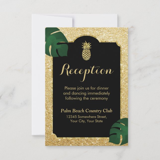 Invitation Réception de mariage pailleté or et ananas tropica (Devant)