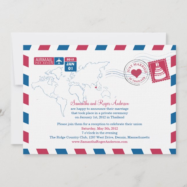 Invitation Réception de mariage par courrier aérien en Thaïla (Devant)