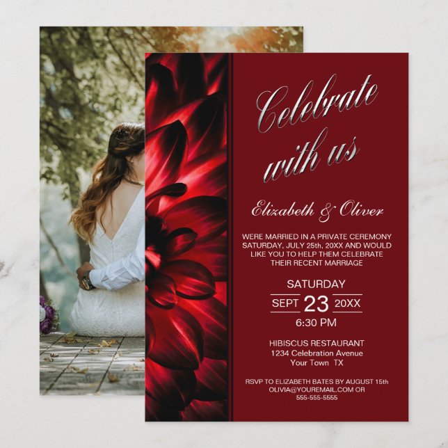 Invitation Réception de mariage photo florale rouge (Devant / Derrière)