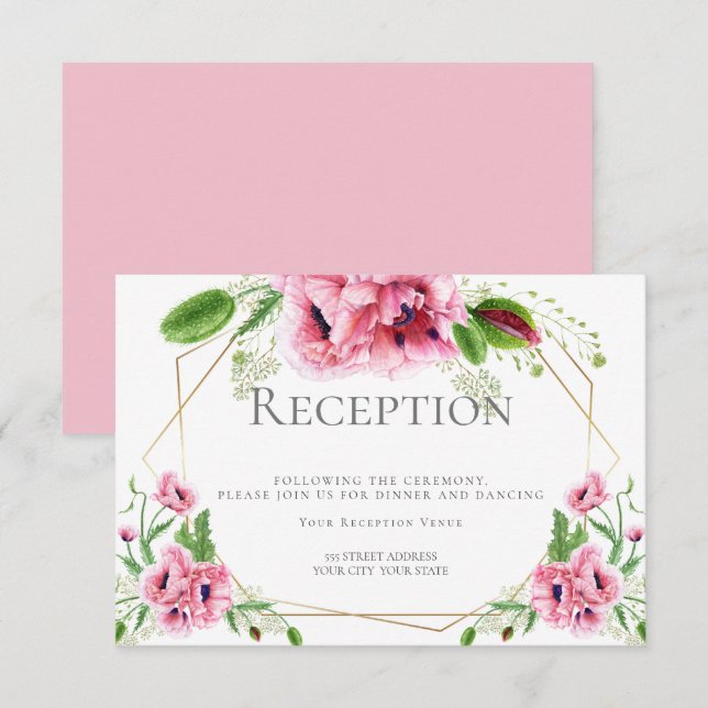 Invitation Réception de mariage | Poppies d'aquarelle rose (Devant / Derrière)