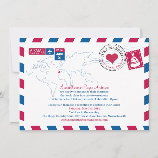 Invitation Réception de mariage postale par avion Espagne (Devant)