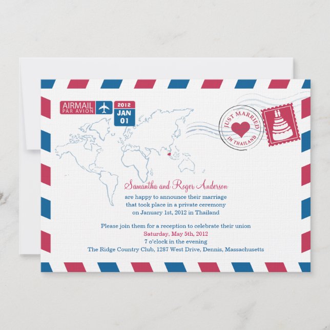Invitation Réception de mariage postérieur au courrier aérien (Devant)