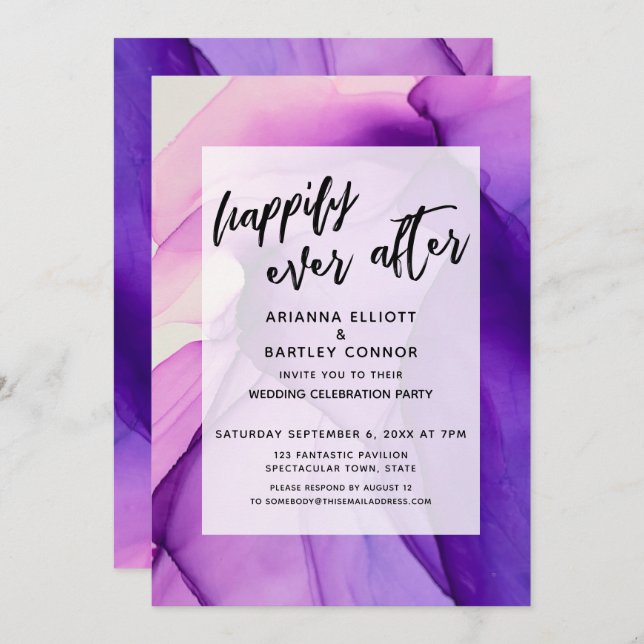 Invitation Réception de mariage Purple Inks Happily Ever Afte (Devant / Derrière)