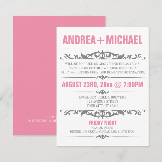 Invitation Réception de mariage rose et gris seulement Invita (Devant / Derrière)
