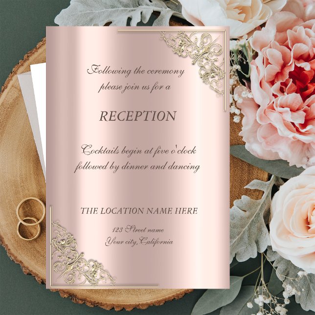 Invitation Réception de mariage rose gold avec cadre or éléga (Créateur téléchargé)