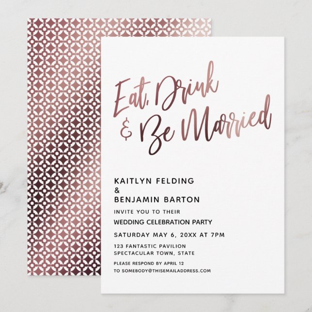 Invitation Réception de mariage rose gold Manger, boire et êt (Devant / Derrière)