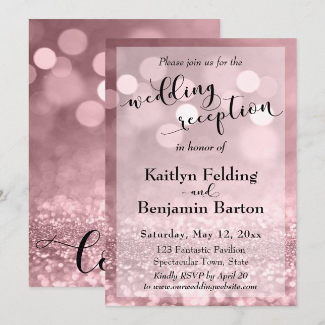 Invitation Réception de mariage rose gold pailleté flou (Devant / Derrière)