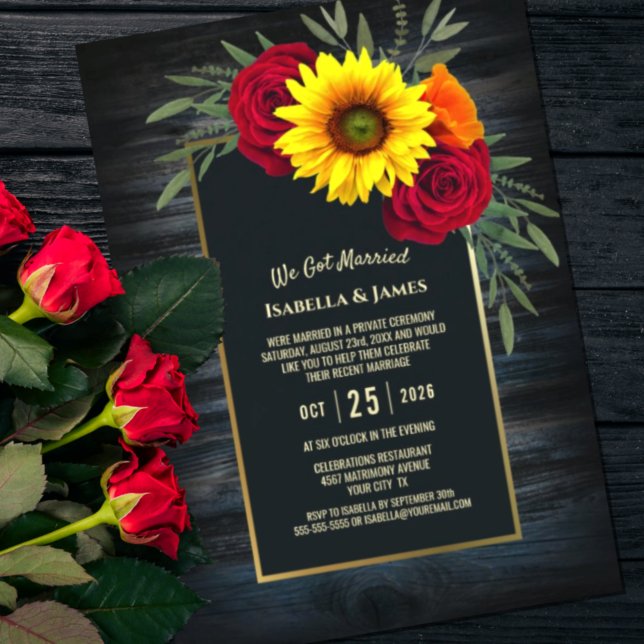 Invitation Réception de mariage Rose Tournesol Bois Bleu Rust (Créateur téléchargé)