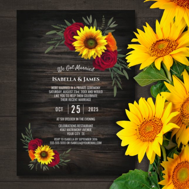 Invitation Réception de mariage Rose Tournesol Bois de Grange (Créateur téléchargé)