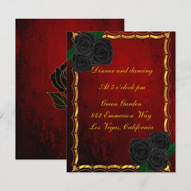 Invitation Réception de mariage Roses noires gothiques Rouge  (Devant / Derrière)