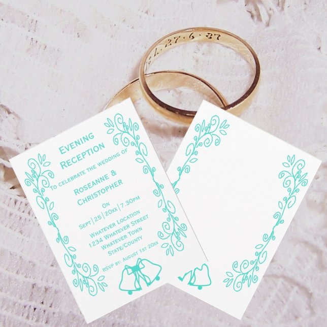 Invitation Réception de mariage Turquoise Bells Scrollwork (Turquoise evening reception wedding invitation bells scrollwork design)