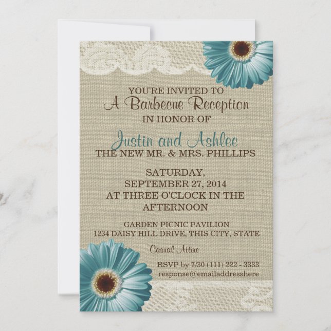 Invitation Réception de mariage turquoise Daisy et Burlap BBQ (Devant)