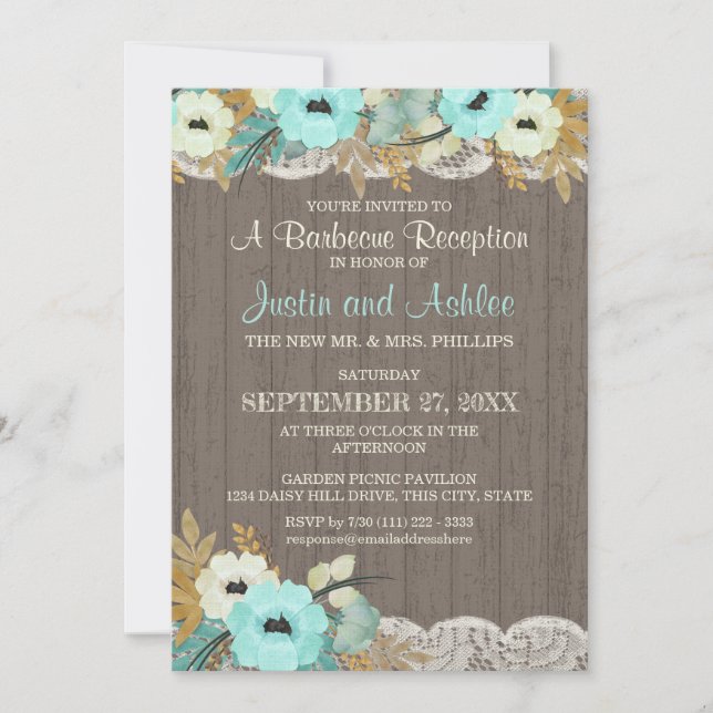 Invitation Réception de mariage turquoise Floral et dentelle  (Devant)