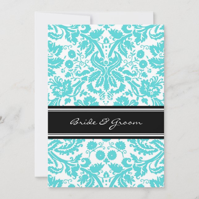 Invitation Réception De Mariage Uniquement Aqua Black Damask (Devant)