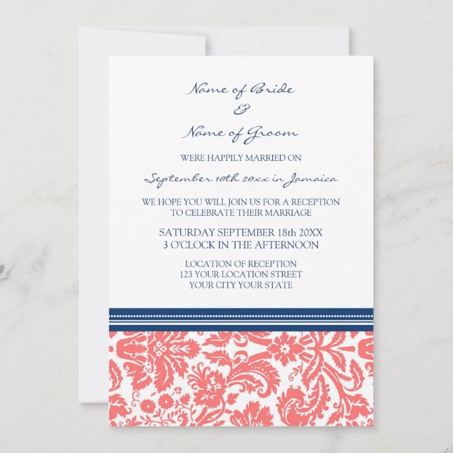 Invitation Réception De Mariage Uniquement Corail Bleu Damas (Dos)