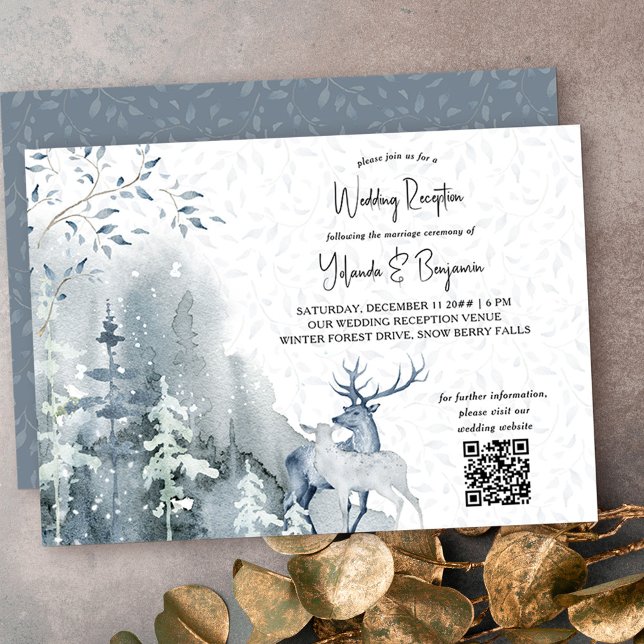 Invitation Réception de mariage uniquement en forêt enneigée  (Wedding Reception invitation with QR code from my Snow Forest Winter Wedding collection)
