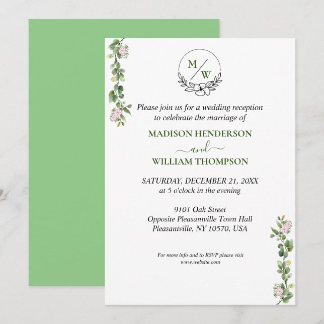 Invitation Réception de mariage verdoyante et fleurie (Devant / Derrière)