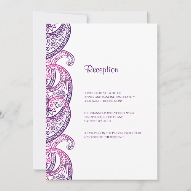 Invitation Réception de mariage violet et rose indienne Paisl (Devant)