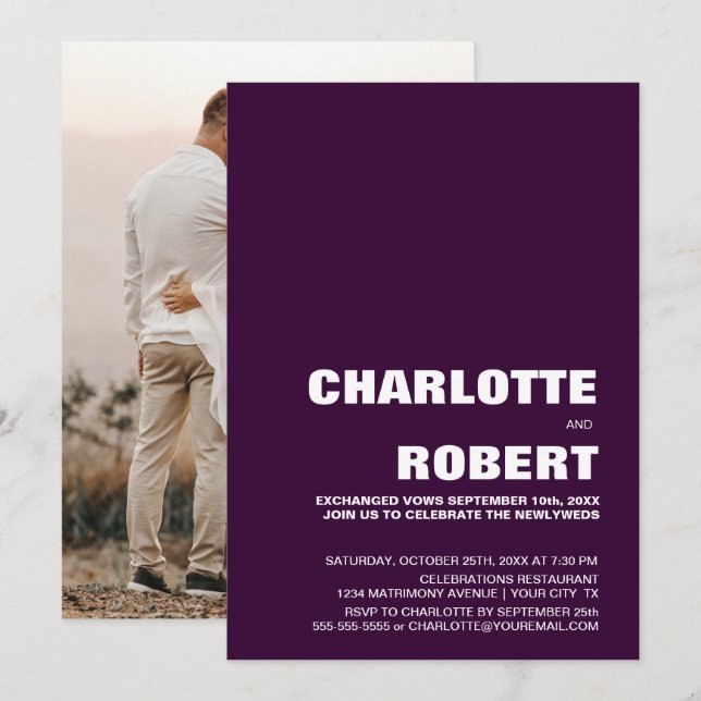 Invitation Réception de mariage violet moderne (Devant / Derrière)