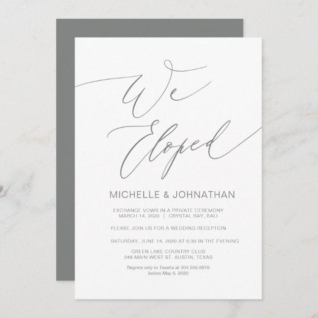 Invitation Réception design moderne, grise, Mariage Elopement (Devant / Derrière)