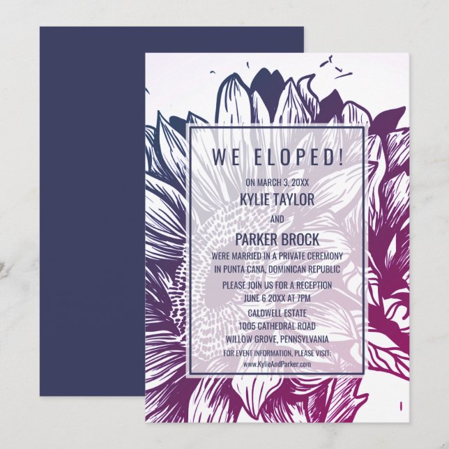 Invitation Réception Elopement de Sunflowers Ombre bleu & vio (Devant / Derrière)