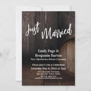 Invitation Réception en tonneau rustique en bois juste marié