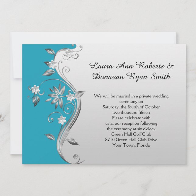Invitation Réception fleurie Turquoise et argentée uniquement (Devant)