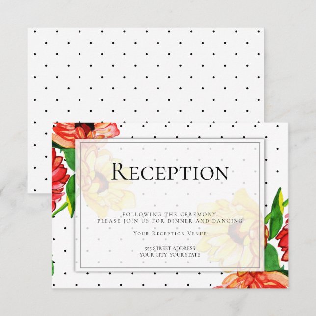 Invitation Réception | Floral pois et jaune rouge (Devant / Derrière)